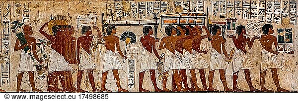 Begräbniszug zu Ramoses Grab  Grabbeigaben werden in Kisten oder auch an Tragstangen hängend zum Grab gebracht  Grab des Ramose  Gräber der Noblen  Luxor  Theben-West  Ägypten  Luxor  Theben  West  Ägypten  Afrika