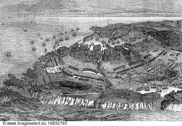 Belagerung von Sebastopol oder Sewastopol. 1854-1855. Krimkrieg. Antike Illustration. 1867.