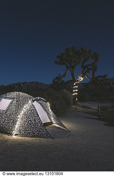 Beleuchtetes Zelt auf Wüste gegen Himmel im Joshua-Tree-Nationalpark bei Nacht