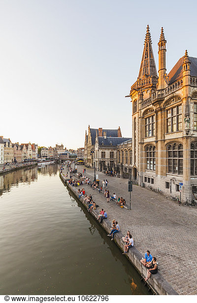 Belgium  East Flanders  Ghent  Old town  Graslei  historical buildings  Leie river in the evening