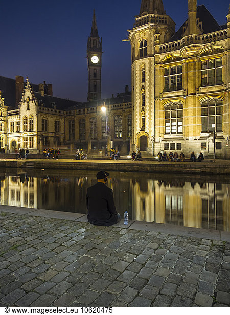 Belgium  Ghent  promenade at Graslei with historical houses at night