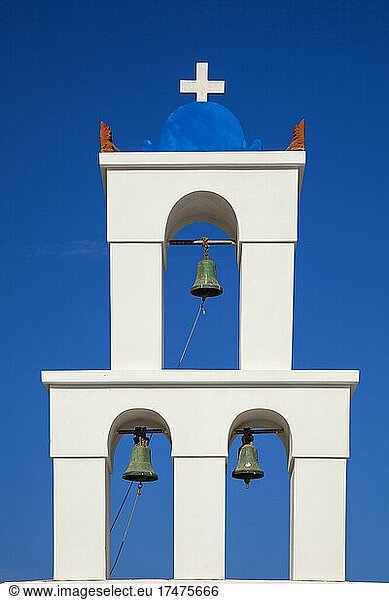 Bell tower of orthodox Paraglesio church  Karterados Santorini  Cyclades  Greece  Europe