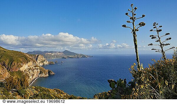Belvedere Quattrocchi  viewpoint  evening light  cliffs  rocks in the sea  Vulcano  agave bushes  Lipari  Lipari Islands  Aeolian Islands  Sicily  Italy  Europe