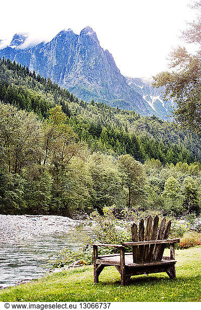 Bench by lake at North Cascades National Park