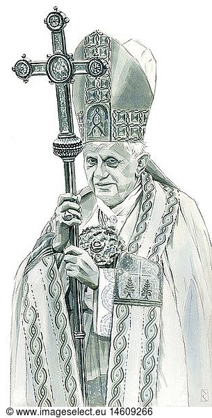 Benedikt XVI. (Josef Ratzinger)  * 16.4.1927  Papst 2005 - 2013  Halbfigur  Zeichnung  einfarbig  Illustration  Halbfigur  mit Kreuz von Jan Rieckhoff  06.02.2009