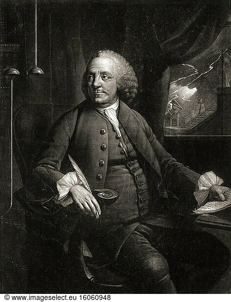Benjamin Franklin  1706 - 1790. American author  politician  printer  scientist  philosopher  publisher  inventor and civic activist and diplomat. He was one of the Founding Fathers. From an engraving by Edward Fisher after a painting by Mason Chamberlin.