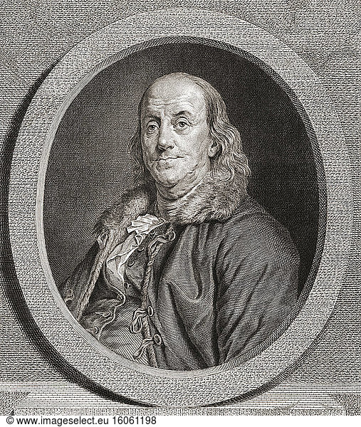 Benjamin Franklin  1706 - 1790. American author  politician  printer  scientist  philosopher  publisher  inventor and civic activist and diplomat. He was one of the Founding Fathers. From an engraving by Juste Chevillet after a work by Joseph Duplessis.