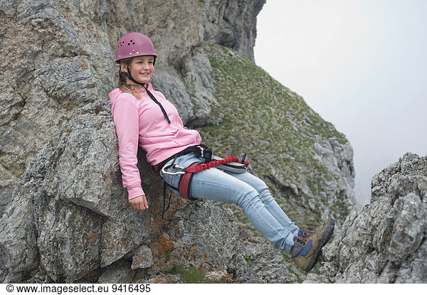 Berg Erschöpfung ruhen Mädchen klettern Helm