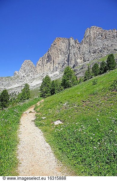Bergmassiv mit Gebirgslandschaft  Wanderweg  Rosengarten  Dolomiten  Südtirol  Italien  Europa