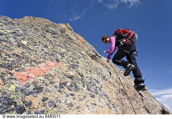 Bergsteiger beim Abstieg vom Wilden Freiger  hier am Gipfelgrat  S¸dtirol  Italien