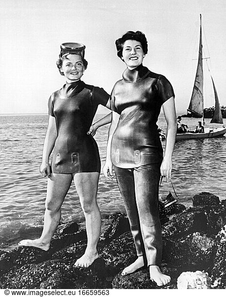 Berkeley  California: March  1954
Two women model early foam neoprene wetsuits.