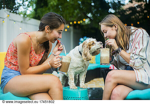 Best friends and furry friend drinking together