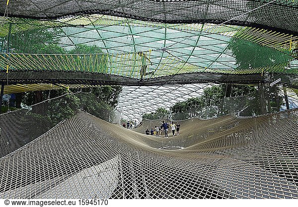 Besucher laufen über luftige Pfade aus Netzen im Canopy Park  Jewel  Changi Airport  Singapur  Asien