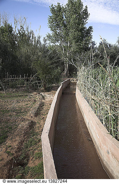 Bewässerungskanal in einer Berber-Oasenstadt an den südöstlichen Ausläufern des Atlasgebirges am Rande der Wüste Sahara  Tinerhir  Marokko  Nordafrika