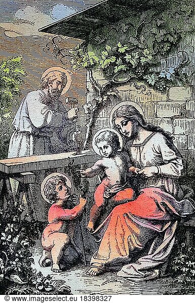 Biblische Geschichte  Die heilige Familie  Historischer Stahlstich aus dem Jahre 1860