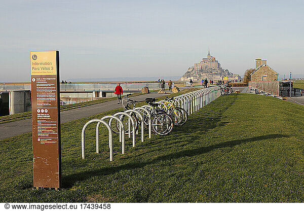 Bicycle park on the tourist trail along the Couesnon river to Mont Saint-Michel  Manche  France