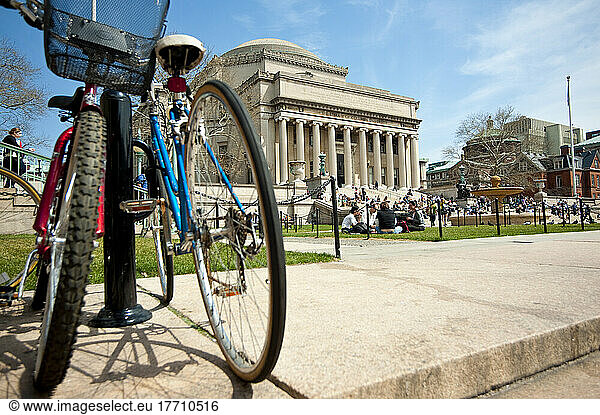 Bicycles Parked In Front Of The Library Of Columbia University  Manhattan  New York  Usa