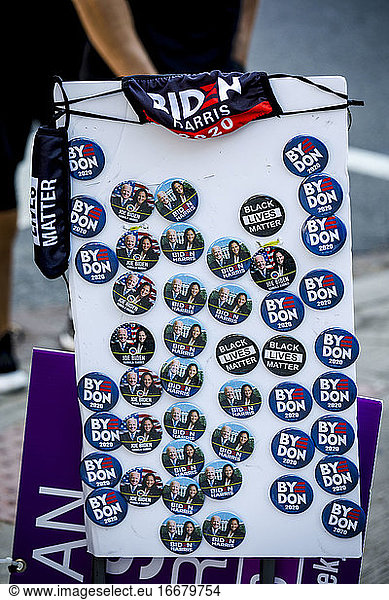Biden campaign victory buttons for sale in Washington DC on Nov. 7.