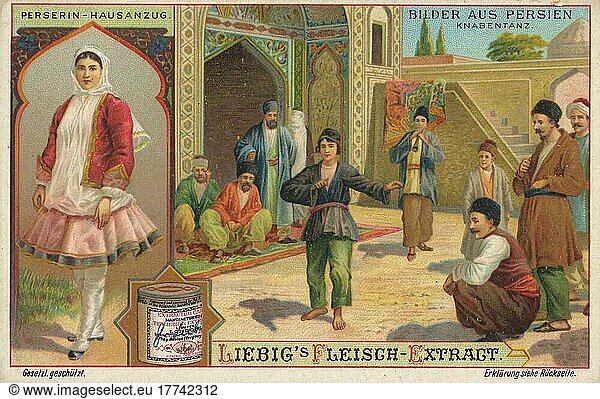 Bilderserie Bilder aus Persien  Knabentanz und eine Perserin im Hausanzug  digital restaurierte Reproduktion eines Sammelbildes von ca 1900  gemeinfrei  genaues Datum unbekannt