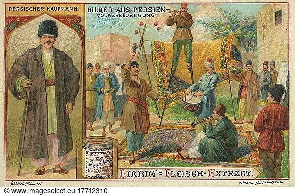 Bilderserie Bilder aus Persien  Volksbelustigung und ein persischer Kaufmann  digital restaurierte Reproduktion eines Sammelbildes von ca 1900  gemeinfrei  genaues Datum unbekannt