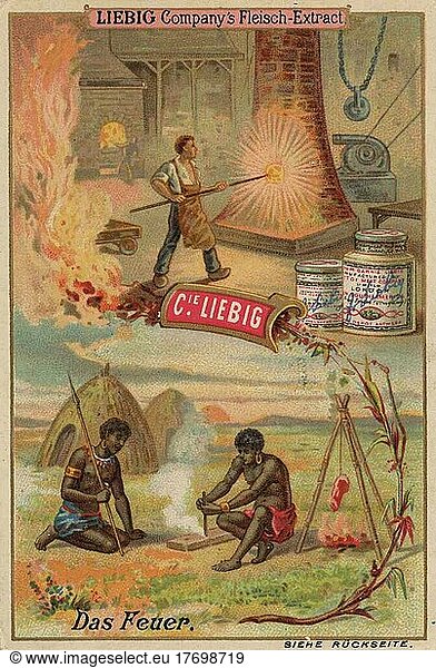 Bilderserie Die Rohstoffe  das Feuer  Historisch  digital restaurierte Reproduktion eines Liebig Sammelbildes von ca 1900