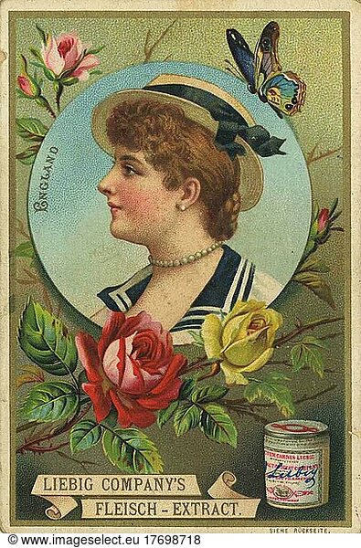 Bilderserie  Fraün im Porträt mit Kopfbedeckung  England  Rosen  digital restaurierte Reproduktion eines Sammelbildes von ca 1900