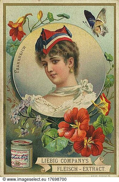 Bilderserie  Fraün im Porträt mit Kopfbedeckung  Frankreich  Kapuzinerkresse  digital restaurierte Reproduktion eines Sammelbildes von ca 1900  Europa