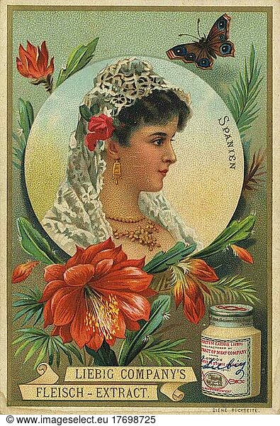Bilderserie  Fraün im Porträt mit Kopfbedeckung  Spanien  Kaktus  digital restaurierte Reproduktion eines Sammelbildes von ca 1900  Europa