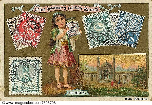 Bilderserie Länder und Briefmarken und Motive  Persien  Historisch  digital restaurierte Reproduktion eines Liebig Sammelbildes aus dem 19. Jahrhundert  genaues Datum nicht bekannt