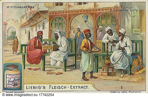 Bilderserie Mittelmeerreise  arabisches Cafe in Tunis  Tunesien  digital restaurierte Reproduktion eines Sammelbildes von ca 1900  gemeinfrei  genaues Datum unbekannt  Afrika
