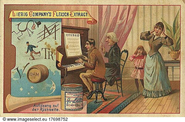 Bilderserie Rätsel  Buchstabenrätsel  der Schüler beim Klavierlehrer spielt schlecht  die Frau hält sich die Ohren zu  digital restaurierte Reproduktion eines Sammelbildes von ca 1900