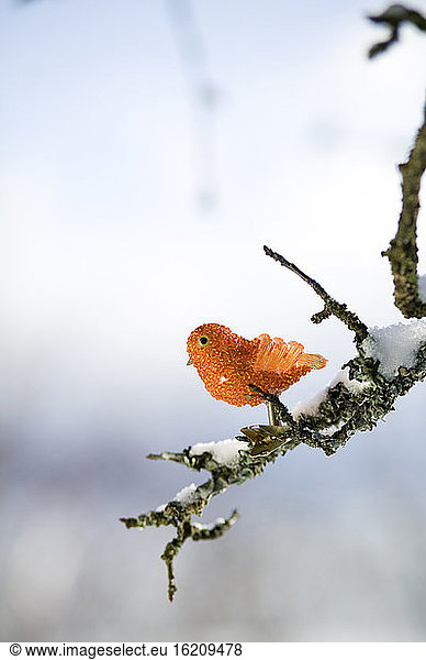 Bird-shaped figurine on fir branch  close-up
