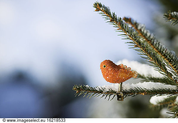 Bird-shaped figurine on fir branch  close-up