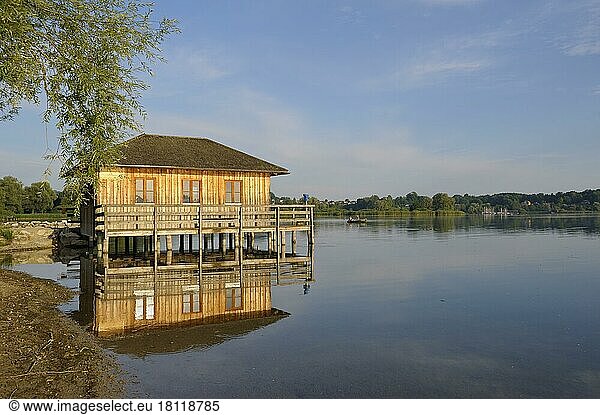 Bird watching hut at the mouth of the Prien into the Chiemsee  with reflection  morning  July  Prien  Chiemgau  Bavaria  Germany  Europe