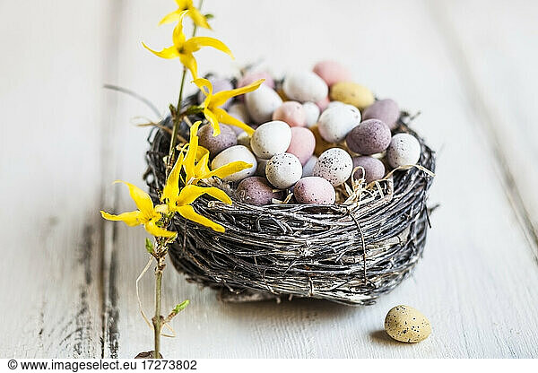 Birds nest filled with chocolate Easter eggs