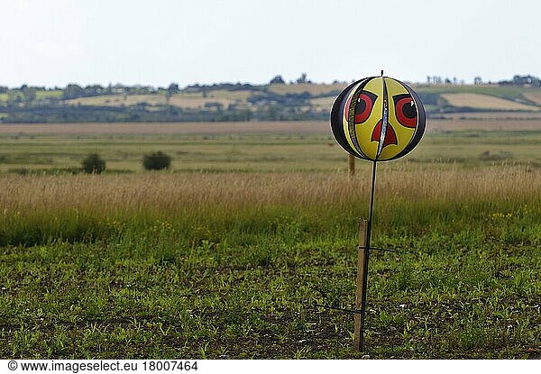 Birdscarer  rotating sphere with reflective plates and raptor face attached to post  Elmley Marshes N. N. R. Isle of Sheppey  Kent  England  United Kingdom  Europe