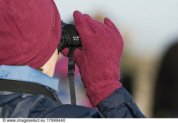 Birdwatchers with binoculars  Titchwell RSPB Reserve  Norfolk  England  United Kingdom  Europe