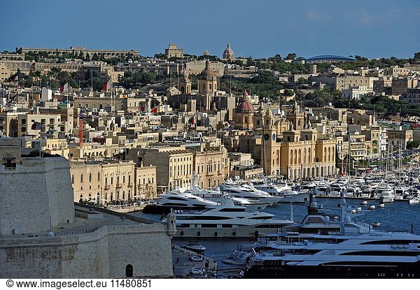 Birgu's Marina (Vittoriosa) with Fort St. Angelo in the foreground  Three Cities  Malta  Southern Europe.