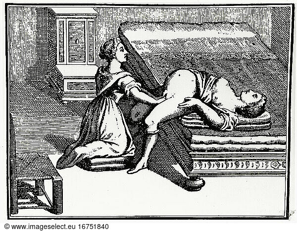 Birth: woman giving birth with midwife.
Wood engraving facsimile  undated  unmarked  from a Roman obstetrics book  around 1800 (?).