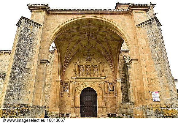 Bisjueces  San Juan Bautista church from 16th century. Porch and plateresque gateway. Villarcayo municipality  Burgos province  Castilla y Leon  Spain.