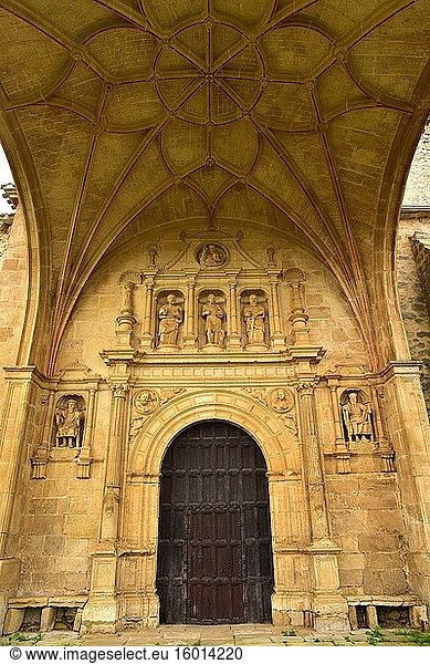Bisjueces  San Juan Bautista church from 16th century. Porch and plateresque gateway. Villarcayo municipality  Burgos province  Castilla y Leon  Spain.