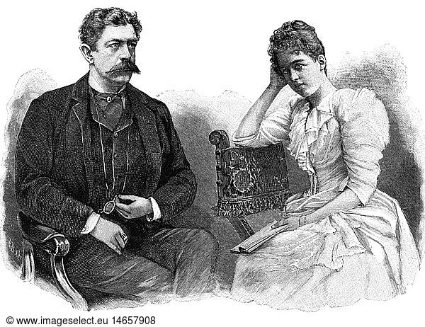 Bismarck  Herbert FÃ¼rst von  28.12.1849 - 18.9.1904  deut. Politiker  Halbfigur  mit seiner Verlobten GrÃ¤fin Marguerite Hoyos  Xylografie  1892