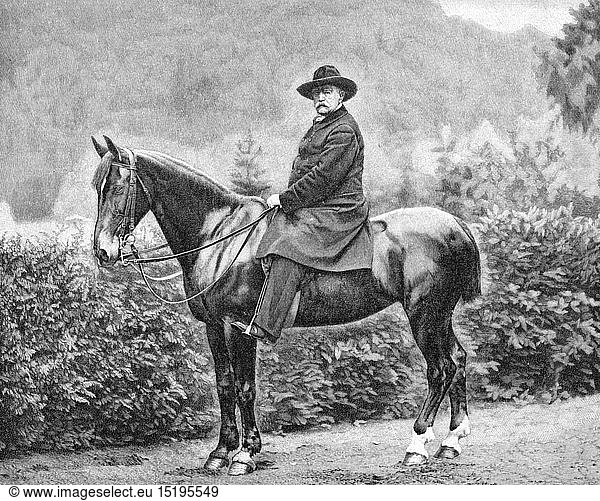 Bismarck  Otto von  1.4.1815 - 30.7.1898  deut. Politiker  Ganzfigur  zu Pferd  Friedrichsruh  7.7.1890  Xylografie nach Foto