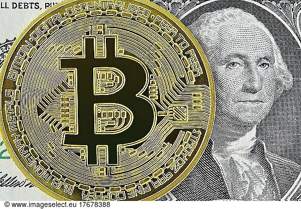 Bitcoin und eine US-Dollarnote