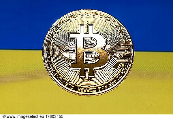 Bitcoins are golden coins and a new cryptocurrency  Ukraine National Colors  Ukraine conflict
