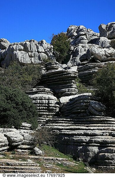 Bizarre Steinformationen im Nationalpark El Torca  Paraje Natural Torcal de Antequera  ist ein 1171 ha großes Naturschutzgebiet mit außergewöhnlichen Karstformationen im spanischen Andalusien  ca. 14 km entfernt von der Provinzstadt Antequera  Provinz Malaga  Spanien  Europa