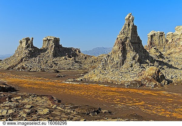 Bizarre towers and pinnacles composed mostly of salts of potassium and magnesium in the salt canyon of the Dallol Volcano  Hamadela  Danakil depression  Afar Triangle  Ethiopia.