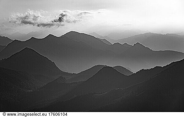 Black and white  mountain silhouettes  hilly landscape  mountains and landscape  Bavarian pre-Alpine landscape  Benediktbeuern  Bavaria  Germany  Europe