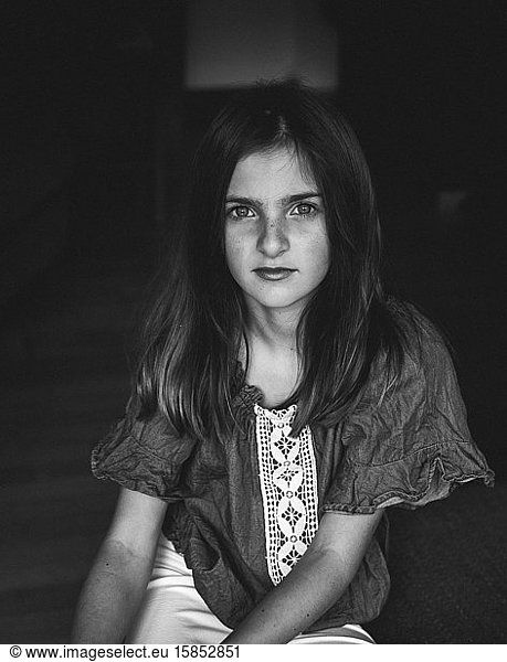 Black and White Portrait of Young Girl