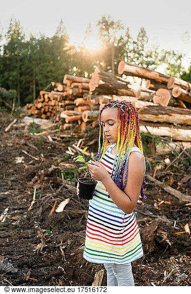 Black girl with rainbow braids holds sapling on logging site